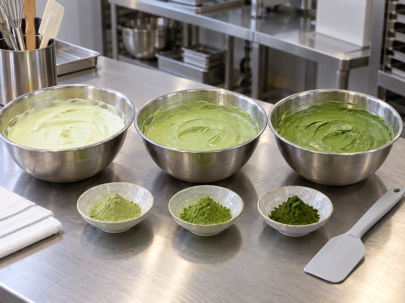 Three equal cheesecake filling samples with gradually increasing matcha color