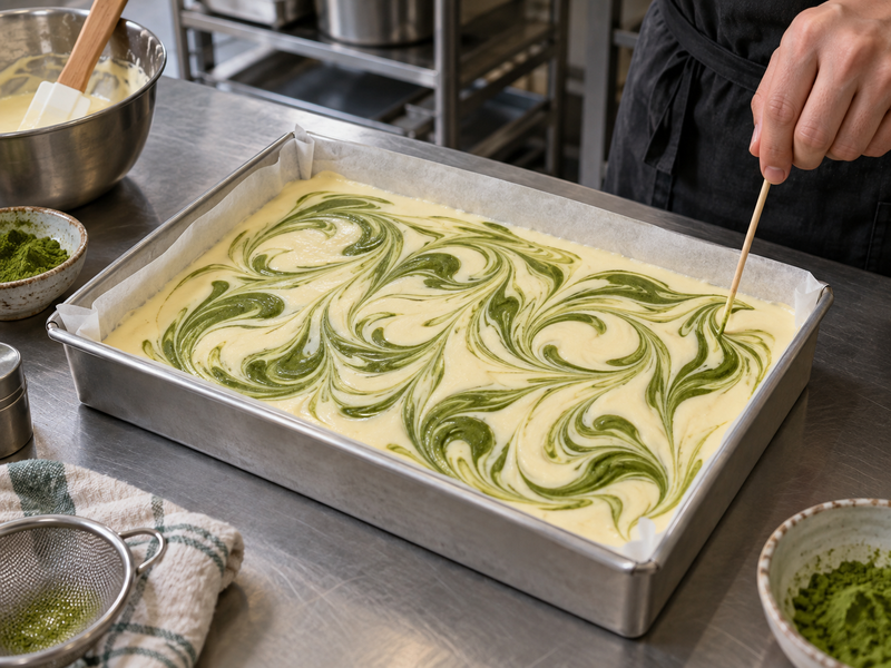 A lined rectangular cheesecake pan with a deliberate green swirl pattern before baking