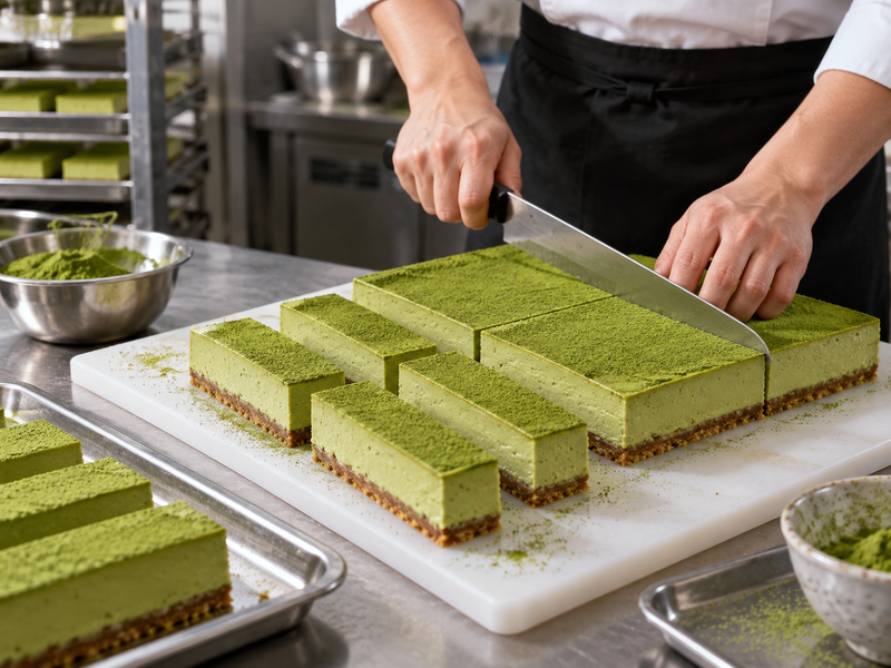 A baker cutting chilled matcha cheesecake into a measured grid of clean rectangular bars