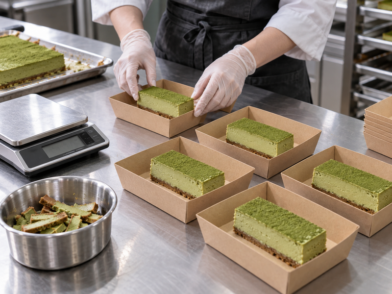 Packed cheesecake bars beside a small tray of measured edge trim and a scale