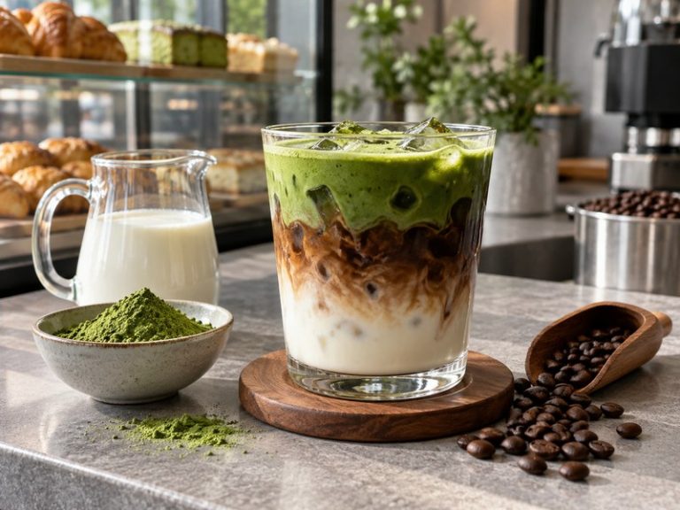 Matcha coffee drink with green tea and espresso layers in a clear glass