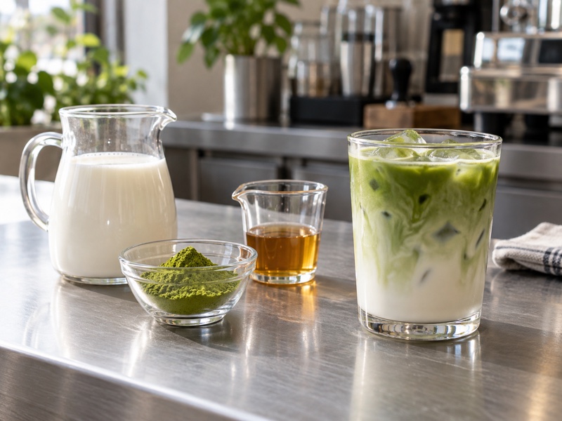 Matcha latte beside measured milk syrup and matcha ingredients