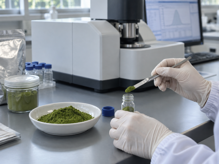 Technician preparing a small matcha sample for particle analysis