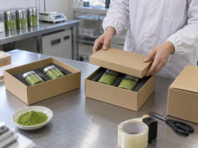 Sealed matcha portions prepared for a laboratory comparison