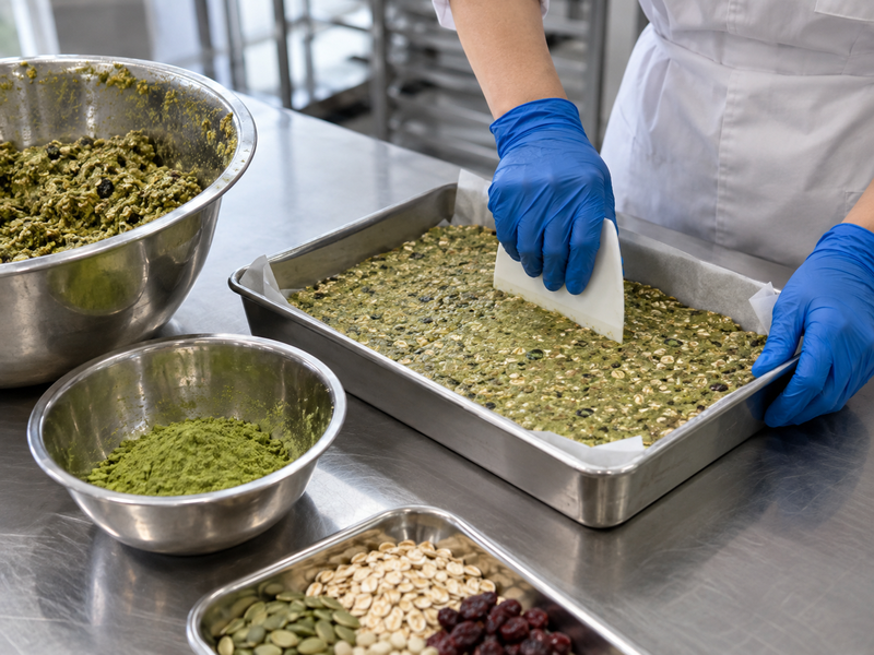 Matcha protein bar mixture being pressed into a tray