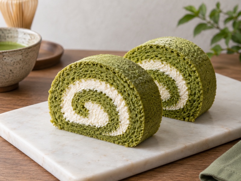 Sliced matcha Swiss roll showing a neat cream spiral on a bakery board
