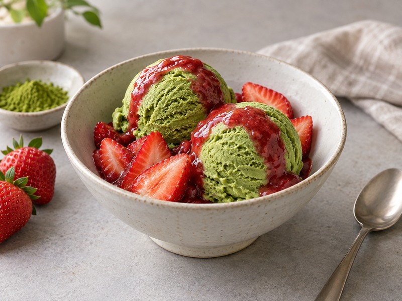 Strawberry matcha ice cream scoops with fresh strawberries