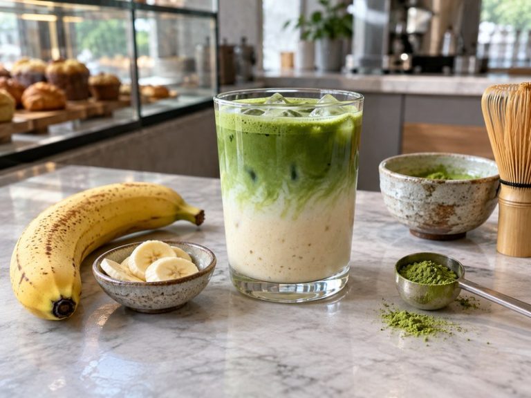 Banana matcha latte with green tea layer and banana cream base