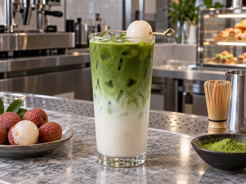 Lychee matcha latte with green tea above pale milk and a lychee fruit garnish
