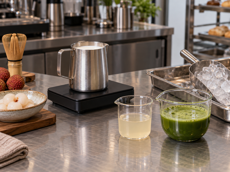 A cafe scale holding milk, lychee syrup and prepared tea in separate trial pitchers