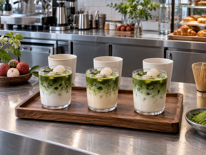 Three lychee matcha trial glasses with different pale milk bases on a cafe counter