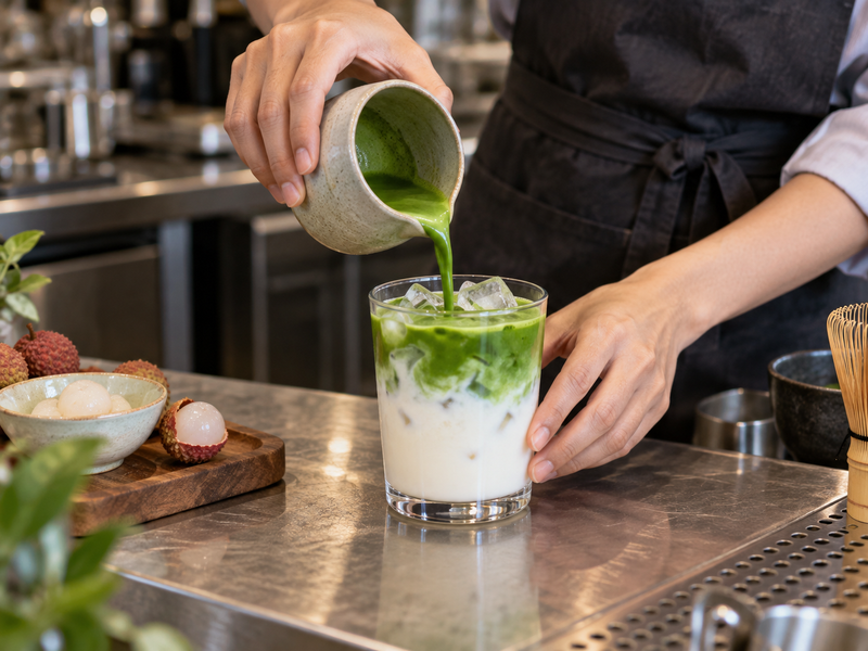 Barista hands pouring prepared matcha over an iced lychee milk drink
