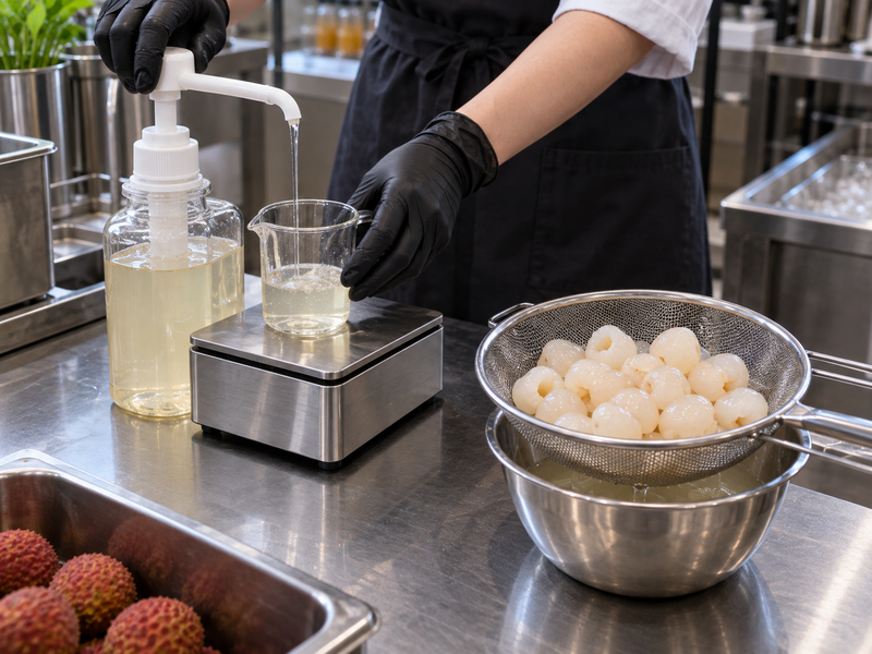 Lychee syrup pump being checked by weight beside drained lychee flesh