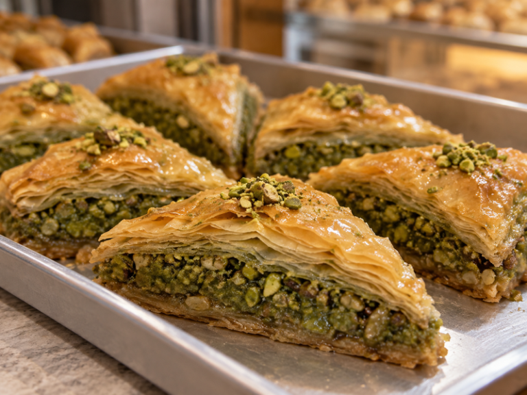 Layered matcha baklava portions ready for bakery service