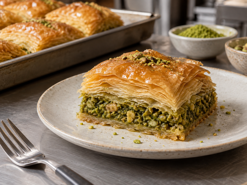Matcha baklava cross-section showing pastry layers and green nut filling