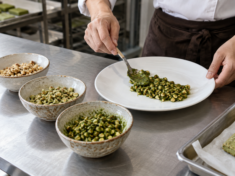 Small matcha nut-filling trials checked for even powder distribution