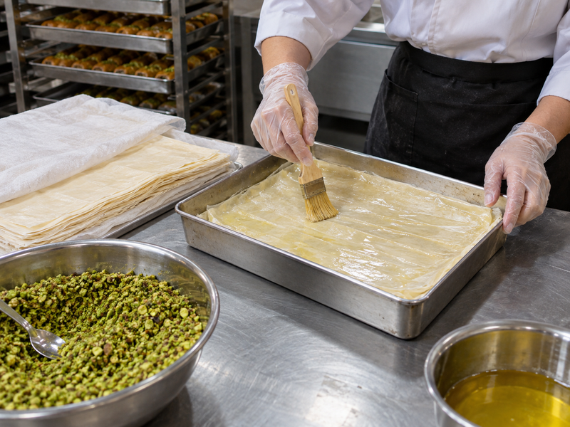 Phyllo sheets protected and brushed during baklava assembly