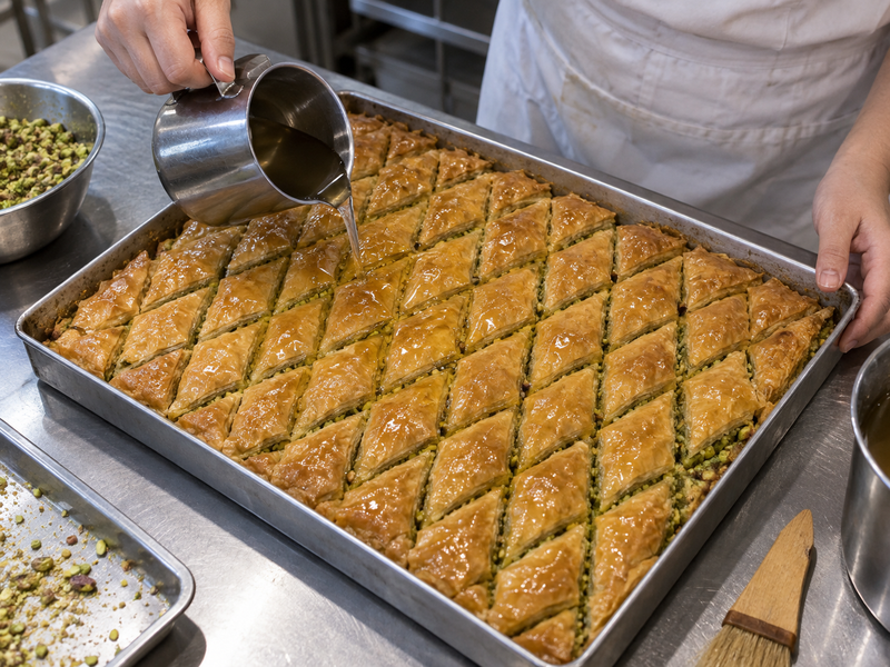 Measured syrup applied across a scored tray of matcha baklava