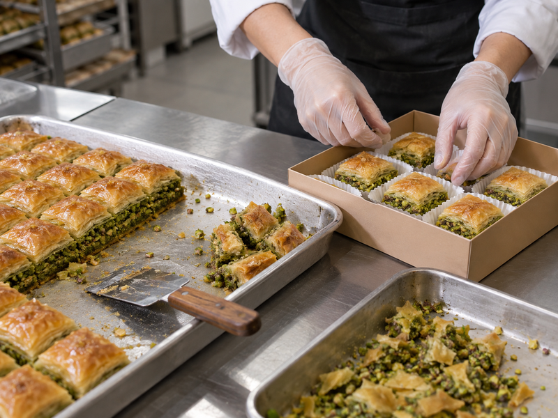 Regular baklava portions and edge pieces separated for costing