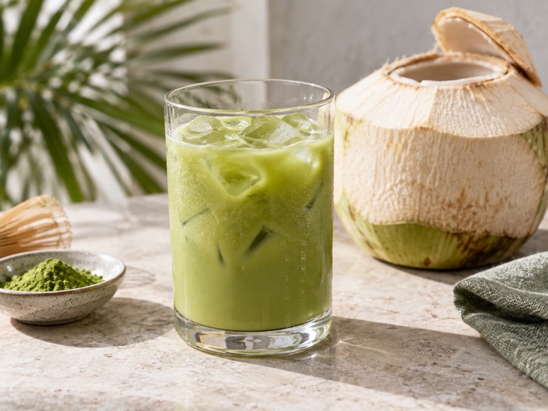 A clear glass of iced matcha coconut water with a fresh coconut in the background