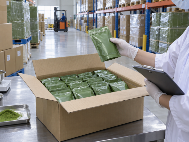 Inspector checking sealed matcha pouches during receiving
