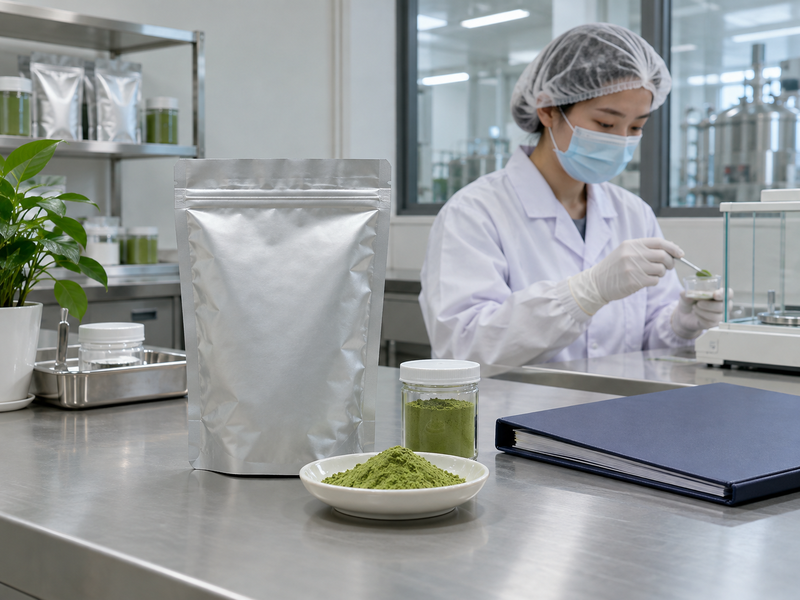 Matcha ingredient identity beside a plain management folder