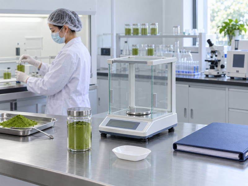 Matcha powder sample prepared for laboratory measurement