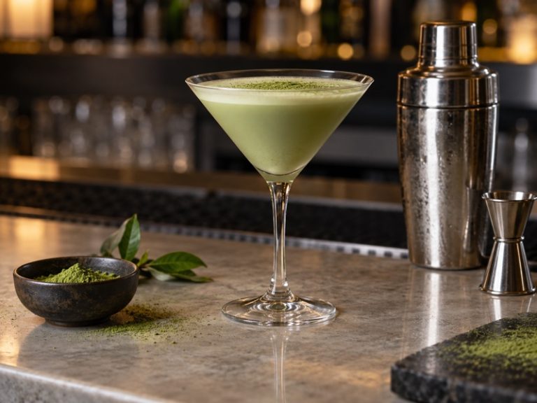 Pale green matcha martini beside an unbranded shaker on a bar counter