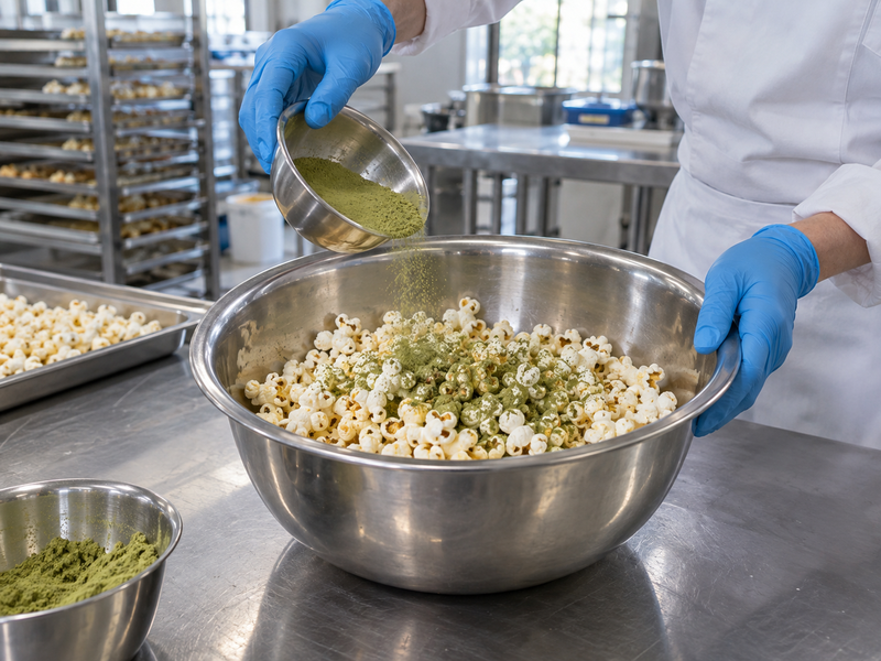 Popcorn receiving a measured matcha coating