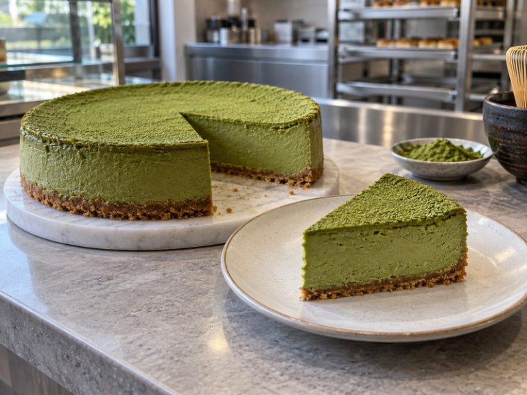Slice of pale green matcha cheesecake with a smooth cream cheese filling