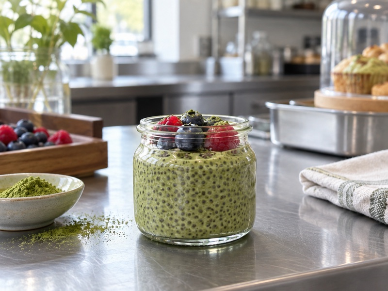 Matcha chia pudding with natural seed texture and a small fruit topping