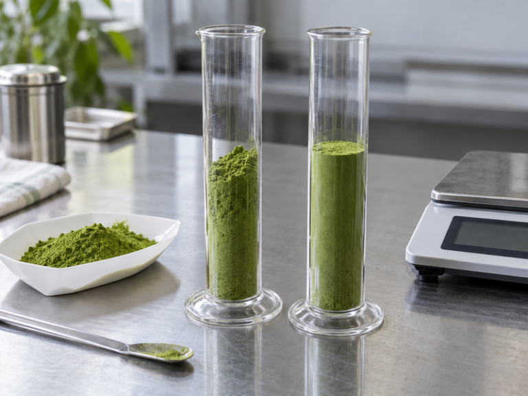 Matcha bulk volume review with measuring vessels and a hopper