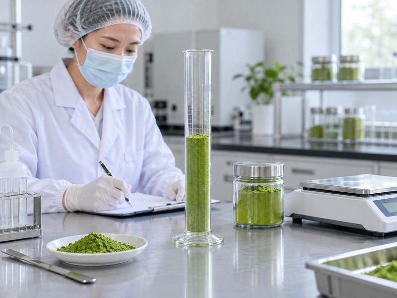 Loose matcha powder occupying a clear measuring cylinder