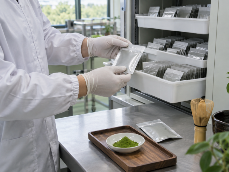 Sealed retained matcha samples in separate storage trays