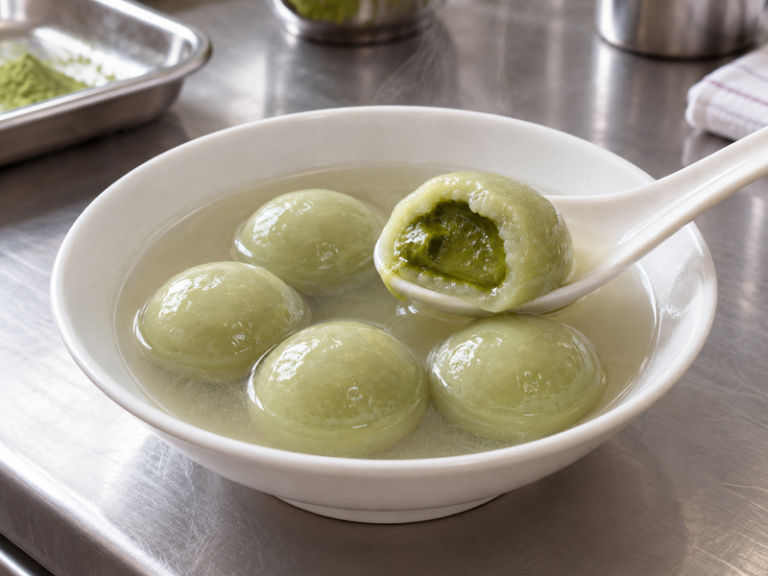 Warm matcha-filled tang yuan served in a light sweet syrup