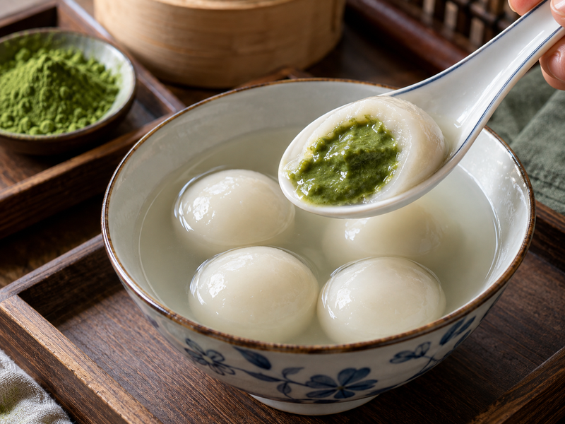 Matcha tang yuan cut open to inspect the green filling inside a white wrapper