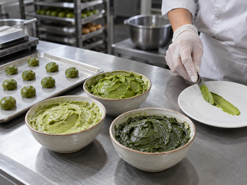 Small matcha filling trials prepared for tang yuan