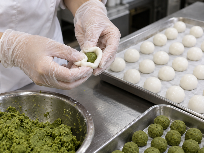 A rice dough wrapper closed around a measured matcha filling