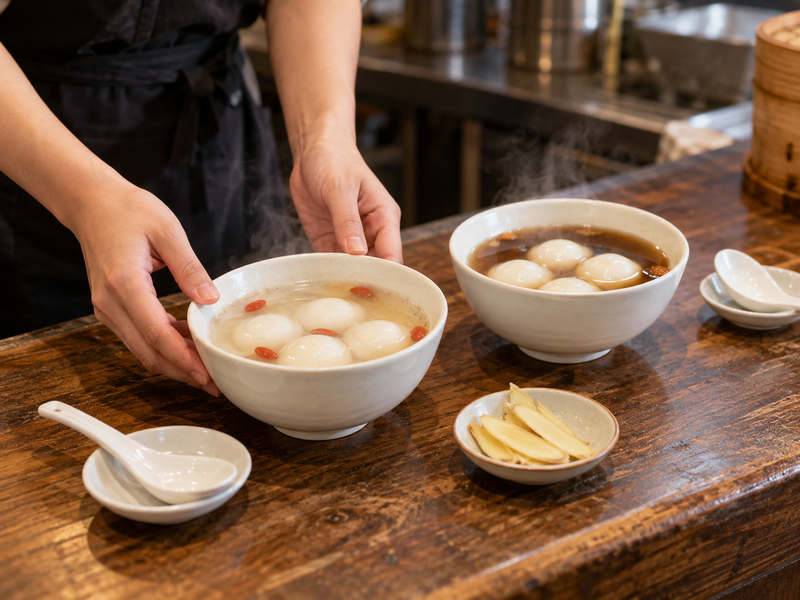 Tang yuan assessed in complete syrup servings at the dessert pass