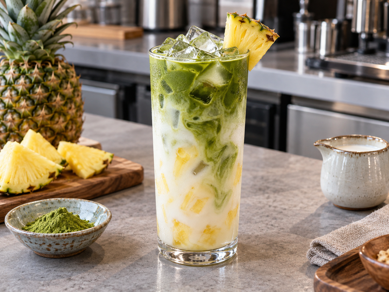 Pineapple matcha with pale coconut body, green tea swirls and a pineapple wedge