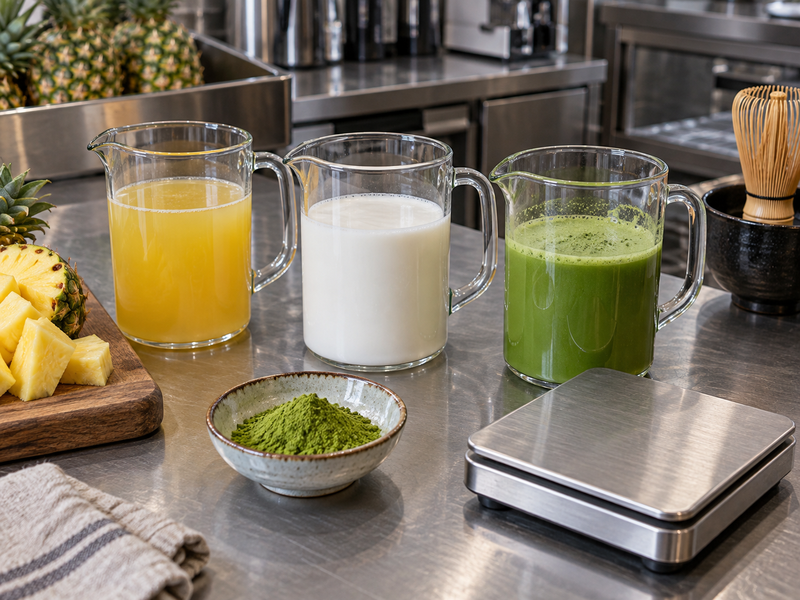 Weighed pineapple juice, coconut beverage and matcha portions arranged for a cafe trial