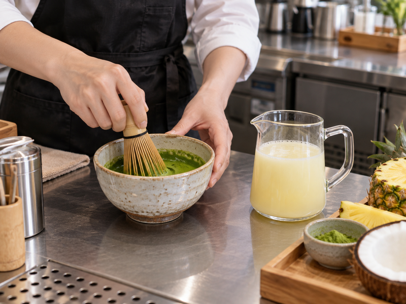 Hands whisking matcha beside a pitcher of pineapple and coconut mixture