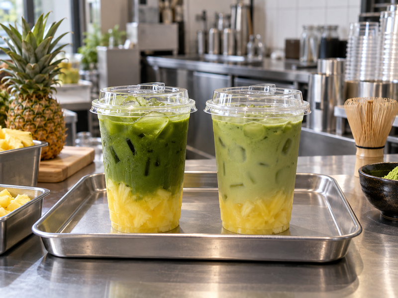 Two takeaway pineapple matcha cups being checked with lids after an ice dilution trial