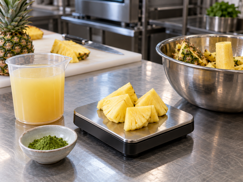 Pineapple garnish portions, juice pack and measured matcha beside a cafe costing scale