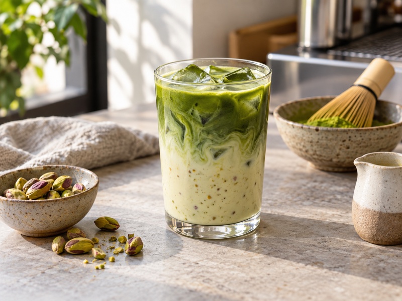 A layered pistachio matcha latte with shelled pistachios on a café bench