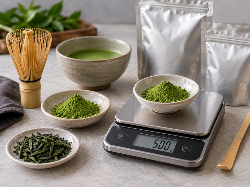 Matcha powder on a scale beside plain sample pouches