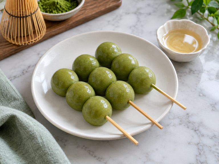 Glossy matcha dango skewers ready for tea cafe service