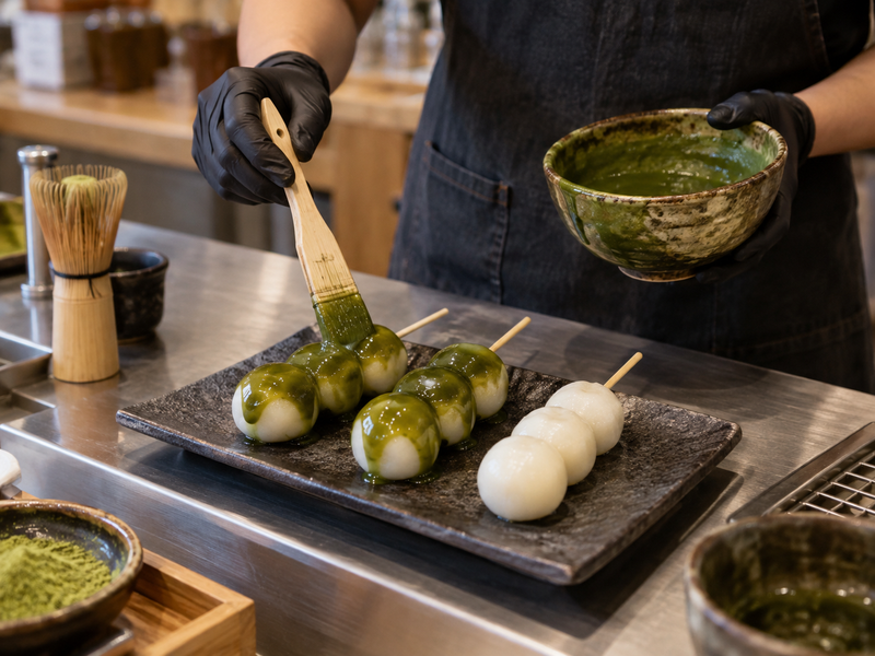 Matcha dango with a green glaze compared with a plain skewer