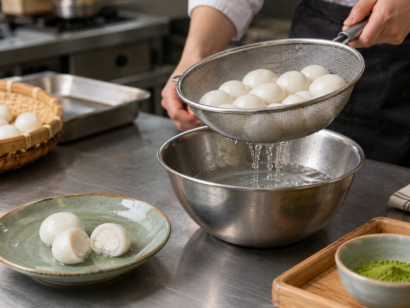Cooked dango drained before skewering and glazing