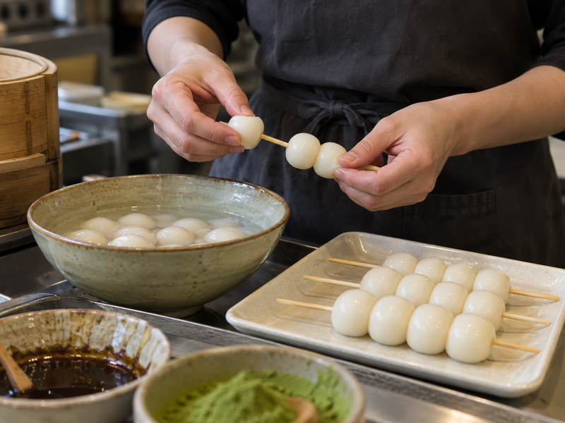 Cooked rice dumplings aligned on food-use bamboo skewers